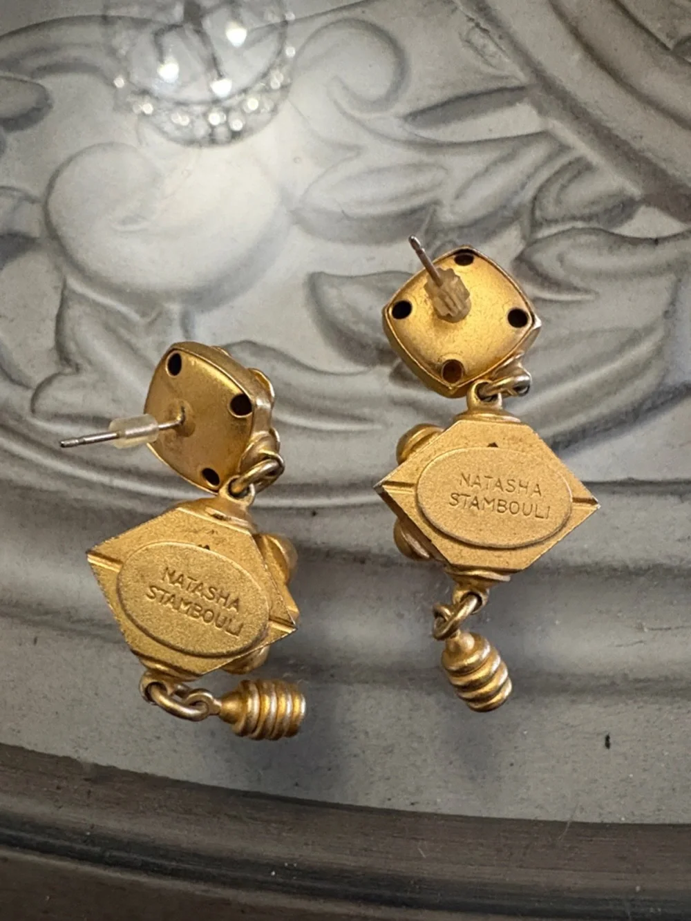 Vintage Natasha Stambouli Gold Tone Dangle Earrings with Stones - Picture 5 of 5
